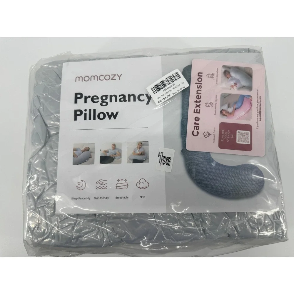 Momcozy Pregnancy Pillow J-Shape Grey Velvet Cover Breathable Maternity Sealed